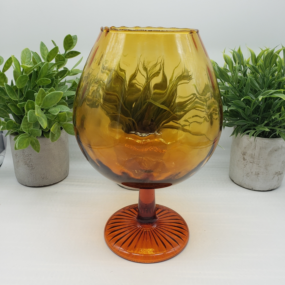 Empoli Italian Large Amber Diamond Optic Art Glass Brandy Snifter or Vase